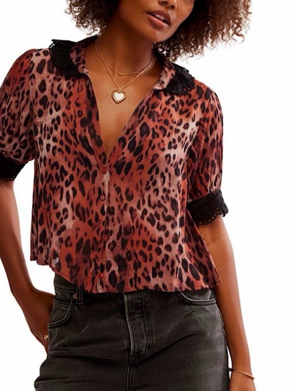 Free People My Love Leopard Print Blouse Top XS Lace Trim Cropped Black Brown